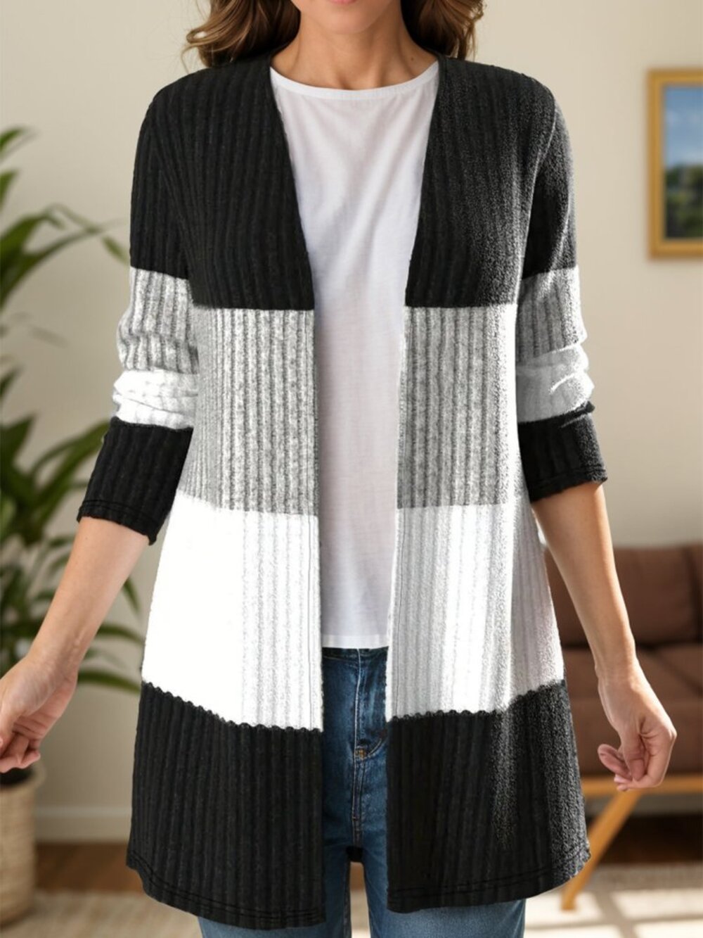 Color Block Open Front Long Sleeve Cardigan NWT Size M